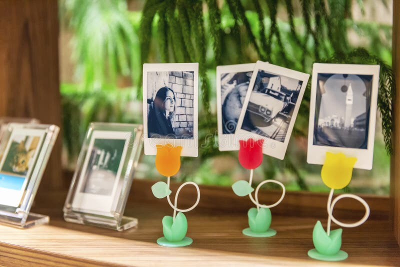 Tokyo, Japan, 04/09/2017: Photos on design holders in the form of multi-colored tulips in a shop window stock images Tokyo, Japan, 04/09/2017: Photos on design holders in the form of multi-colored tulips in a shop window stock images