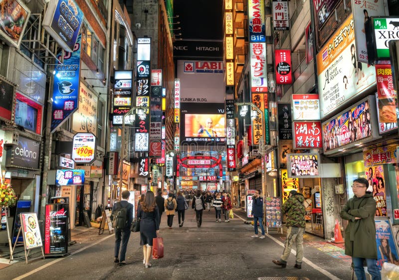 Tokyo - 26 March 2019 - Busy Red Light District Night Life at Kabukicho in Shinjuku, Tokyo, Japan