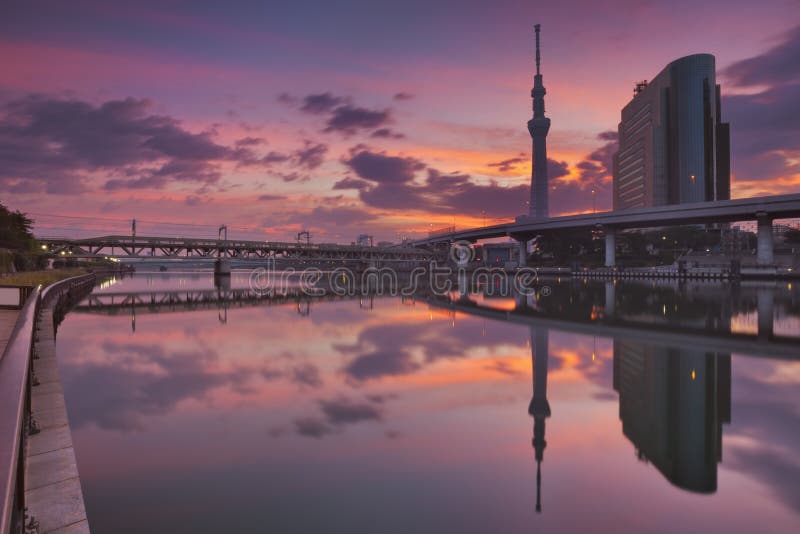 Tokyo Sky Tree and Sumida River, Tokyo, Japan at sunrise