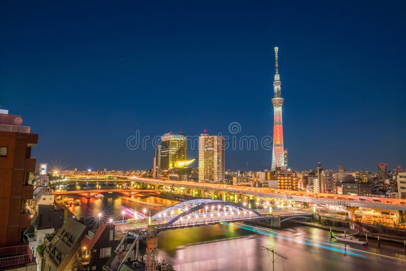 Tokyo skyline with the Sumida River stock images Tokyo skyline with the Sumida River stock images