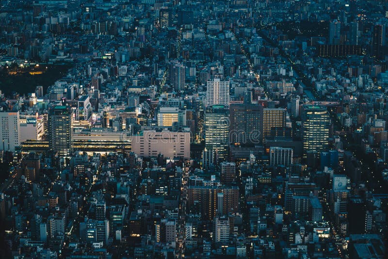 Tokyo stadshorisont på natten som sett från över Flyg- photograp arkivbild Tokyo stadshorisont på natten som sett från över Flyg- photograp arkivbild