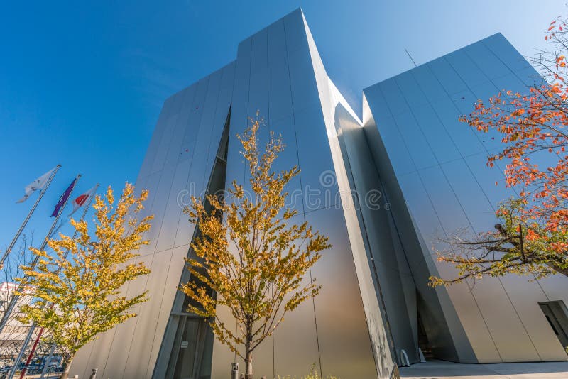 Tokyo, Sumida-ku - Nobember 17, 2017 : Autumn colors, Fall foliage on Ichou or Ginkgo biloba trees at Sumida Hokusai Museum (Sumida Hokusai Bijutsukan) side entrance. Designed by Kazuyo Sejima