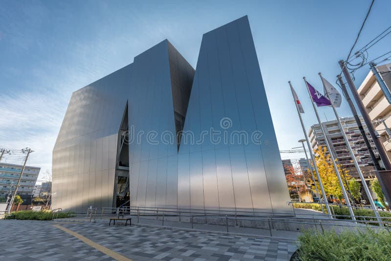 Tokyo, Sumida-ku - Nobember 17, 2017 : Street without people. Front view of Sumida Hokusai Museum (Sumida Hokusai Bijutsukan). Designed by Kazuyo Sejima