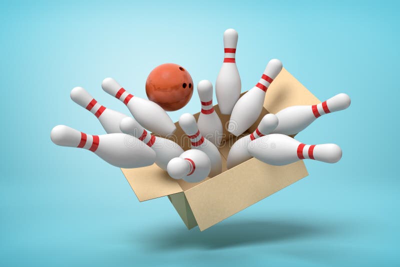 3d rendering of cardboard box lying sidelong full of white bowling pins and one brown bowling ball next to it on light-blue background. Active leisure activities. Sports equipment. Hobbies and pastimes. 3d rendering of cardboard box lying sidelong full of white bowling pins and one brown bowling ball next to it on light-blue background. Active leisure activities. Sports equipment. Hobbies and pastimes.