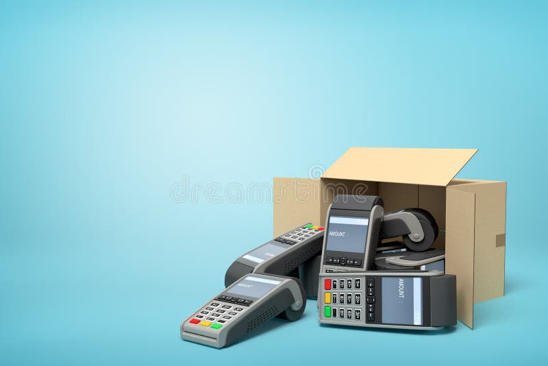 3d rendering of cardboard box lying sidelong with several point-of-sale terminals inside and outside on light-blue background with copy space. Store equipment. Retail commerce. Making transactions. 3d rendering of cardboard box lying sidelong with several point-of-sale terminals inside and outside on light-blue background with copy space. Store equipment. Retail commerce. Making transactions.