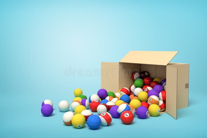 3d rendering of cardboard box lying sidelong with colorful snooker balls inside and in front of it on light-blue background with copy space. Sporting goods. Sports equipment. Snooker tournament. 3d rendering of cardboard box lying sidelong with colorful snooker balls inside and in front of it on light-blue background with copy space. Sporting goods. Sports equipment. Snooker tournament.