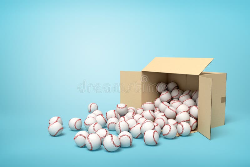 3d rendering of open cardboard box lying sidelong full of baseballs with some balls on floor. Sports equipment. Gym supplies. Sporting goods. 3d rendering of open cardboard box lying sidelong full of baseballs with some balls on floor. Sports equipment. Gym supplies. Sporting goods.
