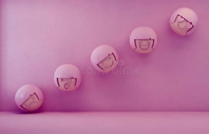 tolkning 3d av sinnesrörelsesymboler med det tom rosa färggolvet och väggbakgrund i lynne- och känslabegrepp royaltyfri illustrationer tolkning 3d av sinnesrörelsesymboler med det tom rosa färggolvet och väggbakgrund i lynne- och känslabegrepp royaltyfri illustrationer