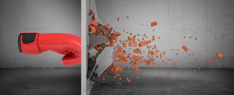 Tolkningen 3d av en enorm röd boxninghandske i sidosikt trycker på en tegelstenvägg och slår den med spillror som ut faller vektor illustrationer