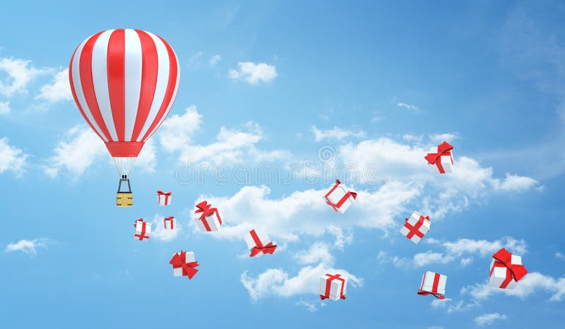 tolkningen 3d av en randig röd och vit ballong för varm luft flyger i himlen som lämnar en slinga gjord av många gåvaasken arkivfoto tolkningen 3d av en randig röd och vit ballong för varm luft flyger i himlen som lämnar en slinga gjord av många gåvaasken arkivfoto