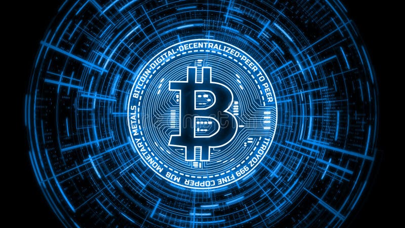 Tolkningen 3D av futuristiska moderna glödande Bitcoin ledde logo på att rotera digital binär hudbakgrund royaltyfri foto