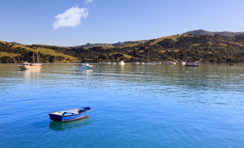 Tom blå ekaAkaroa hamn arkivfoto Tom blå ekaAkaroa hamn arkivfoto