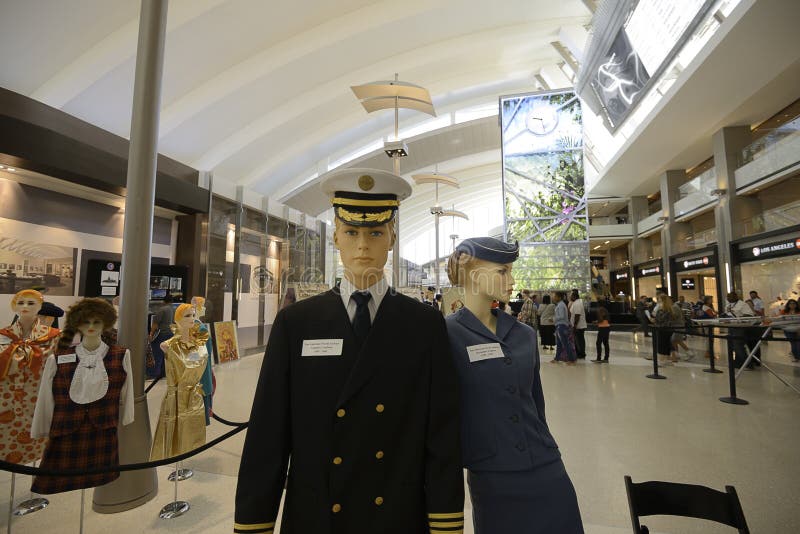 Interior of the Tom Bradley International Terminal. Pan Am uniforms of the 1960's on display during LAX appreciation day. The Terminal has shopping areas, restaurants, video art installations & passenger lounges.