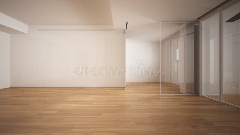Tom rumsdesign, öppet utrymme med vita väggar och parkettgolv, modern modern modern arkitektur, panoramisk royaltyfri bild