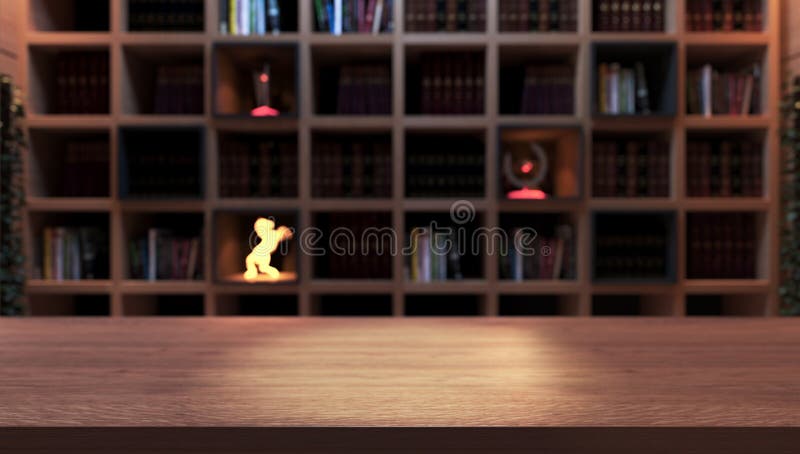 Wooden empty desk front of black bookshelf with modern and classic books from library deep of field effect 3D rendering. Wooden empty desk front of black bookshelf with modern and classic books from library deep of field effect 3D rendering