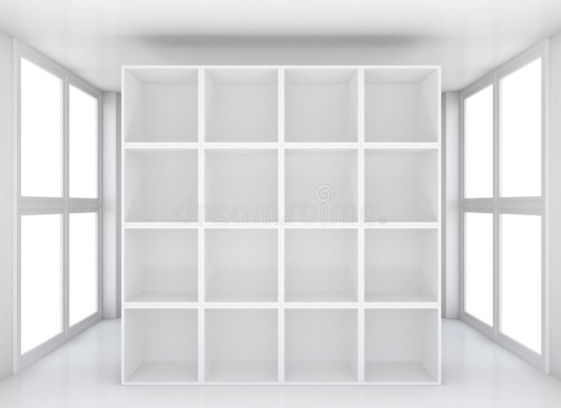 Blank white exhibition bookshelf in glossy showroom. 3D rendering. Blank white exhibition bookshelf in glossy showroom. 3D rendering