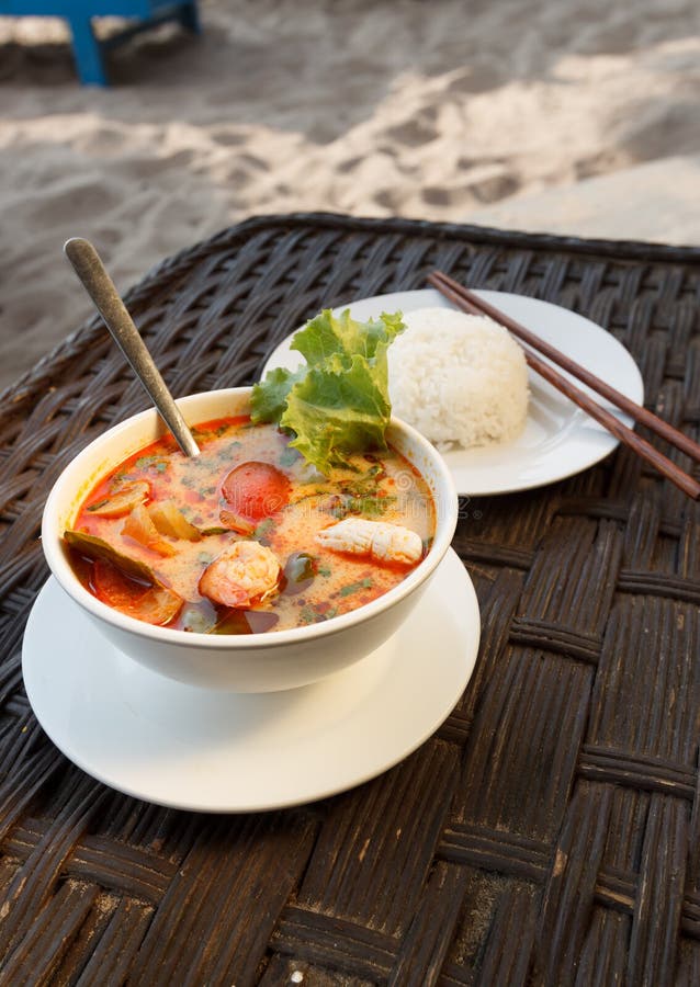 Tom Yam Seafood Soup Served with Rice Stock Image - Image of leaf ...