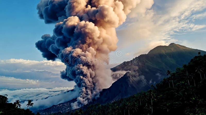 Toma de un estratovolcán lanzando gruesas columnas de humo al atardecer ilustración del vector