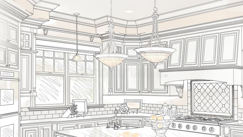 Toma panorámica de encargo del dibujo de la cocina para revelar diseño acabado