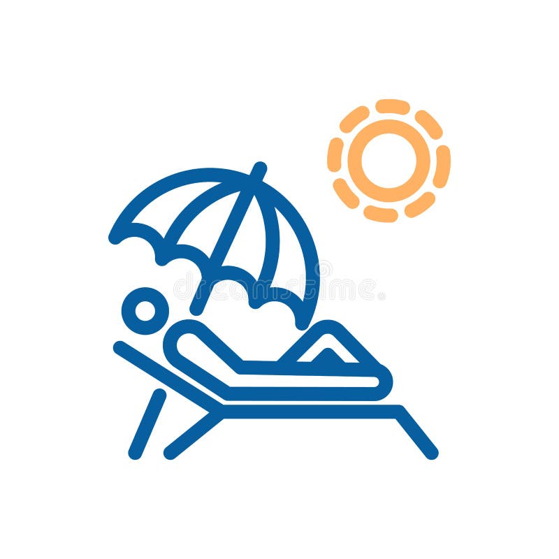 Tomando sol a linha fina ícone Pessoa que coloca na cadeira de praia sob um guarda-chuva que bronzea-se com o sol
