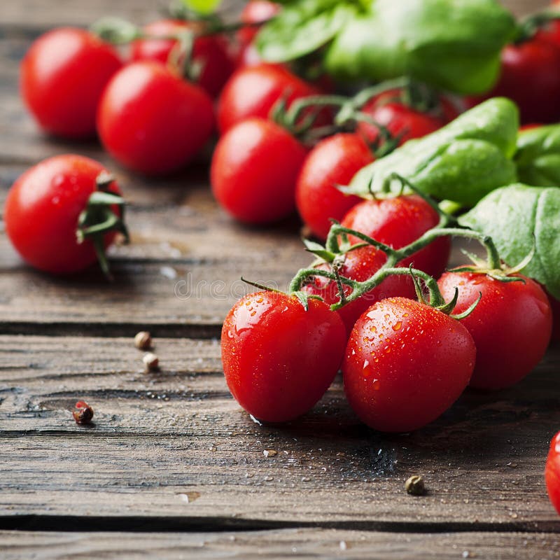 Tomate douce fraîche et basilic vert sur la table de vintage images stock Tomate douce fraîche et basilic vert sur la table de vintage images stock
