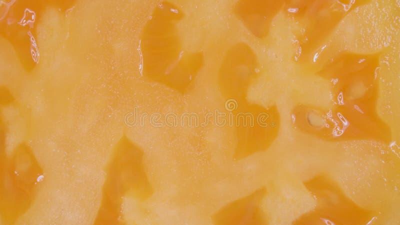 Tomate jaune coupée. Vidéo bleue du fond 4k. La moitié d'un légume. La tranche de tomate. banque de vidéos