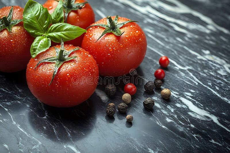Tomate proaspete cu busuioc și peppercorni pe suprafața marmură pentru bucătăria generativă vector illustration