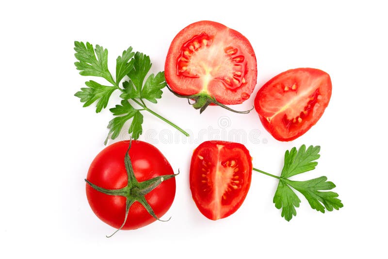 Tomaten met peterseliebladeren op witte achtergrond worden geïsoleerd die Hoogste mening Vlak leg royalty-vrije stock afbeelding Tomaten met peterseliebladeren op witte achtergrond worden geïsoleerd die Hoogste mening Vlak leg royalty-vrije stock afbeelding