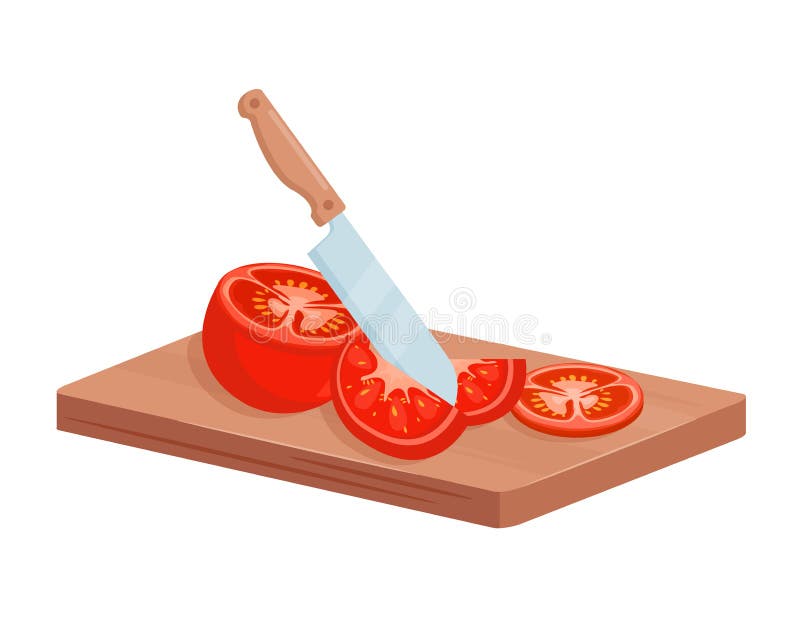 Tomatenausschnitt mit isometrischer kochender neuer gesunder Mahlzeit des Chefmessers mit Gemüse