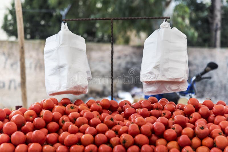 Tomater på ett utomhus- stånd, utomhus- sunda frukter för folk med vita plastpåsar för att shoppa arkivfoton Tomater på ett utomhus- stånd, utomhus- sunda frukter för folk med vita plastpåsar för att shoppa arkivfoton