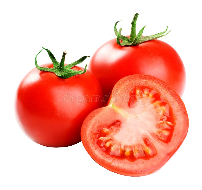 Tomates e tomate da metade isolado no branco