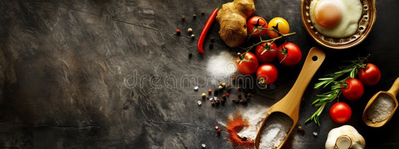 Tomates et herbes fraîches arrangées avec des épices de cuisson photos stock