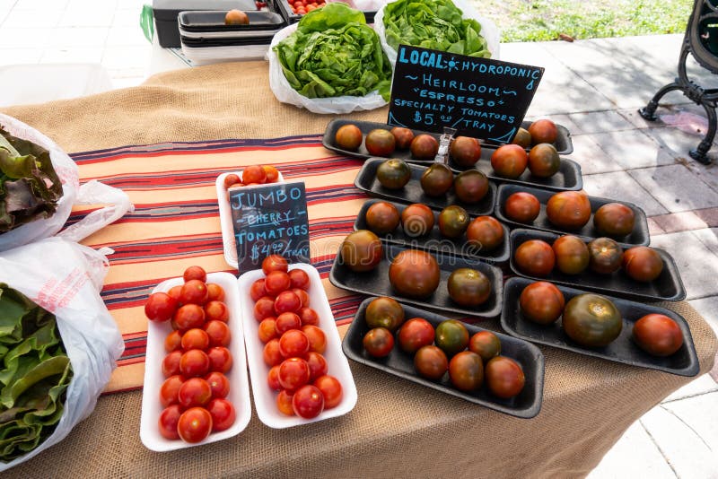 Tomates et laitues de spécialité à un stand de fruits et légumes sur un marché samedi matin d'agriculteurs images libres de droits Tomates et laitues de spécialité à un stand de fruits et légumes sur un marché samedi matin d'agriculteurs images libres de droits