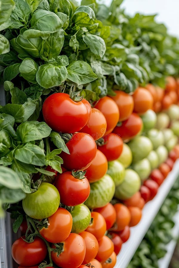 Tomates mûres fraîches et feuilles de basilic vert vitrine de la récolte du jardin photo libre de droits