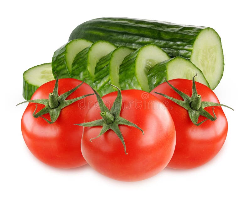 Tomates vermelhos e pepinos verdes isolados no fundo branco imagens de stock royalty free Tomates vermelhos e pepinos verdes isolados no fundo branco imagens de stock royalty free