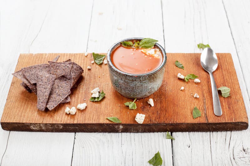 Tomato Basil Soup with Tortilla Chips Stock Photo Image of delicious