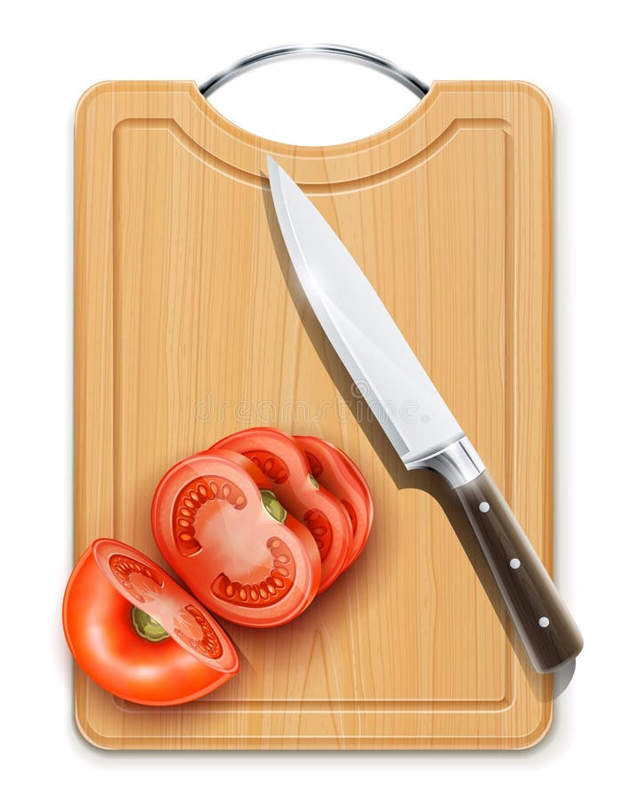 Tomato cuted segment with knife on hardboard vector illustration on white background gradient mesh used EPS10. Transparent objects used for shadows and lights drawing