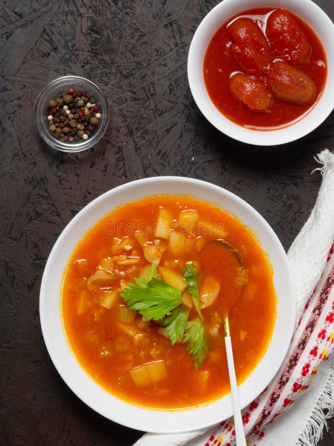 Tomato Fish Soup with Celery. Mediterranean Soup. Tunisian Soup Stock