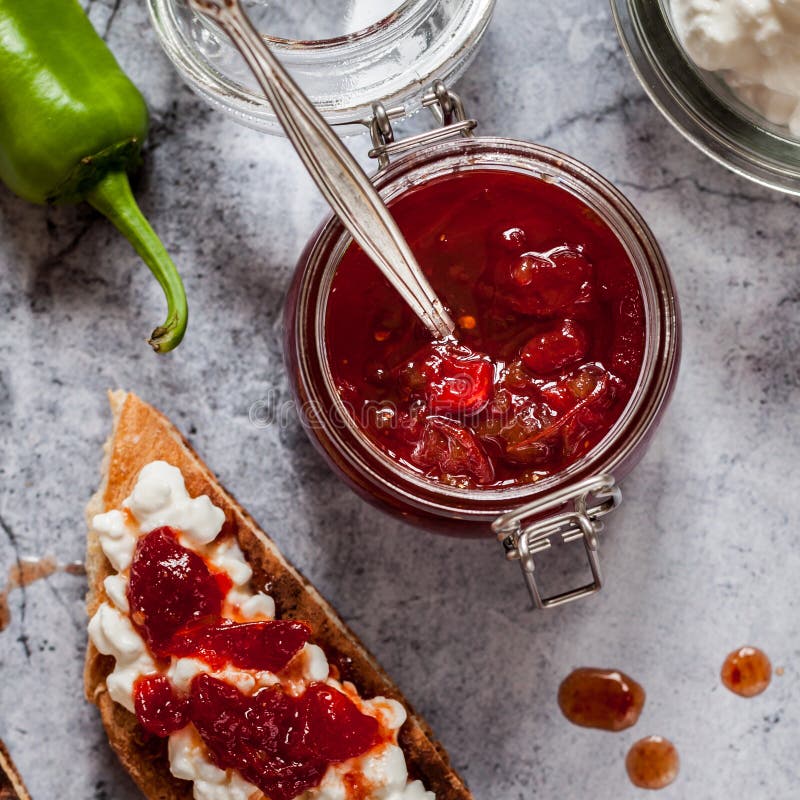 Tomato and Hot Pepper Jam, Toasts, Cheese stock photography Tomato and Hot Pepper Jam, Toasts, Cheese stock photography