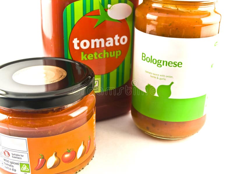 Tomato Ketchup Bolognese and Salsa Jars on White B Stock Image - Image ...