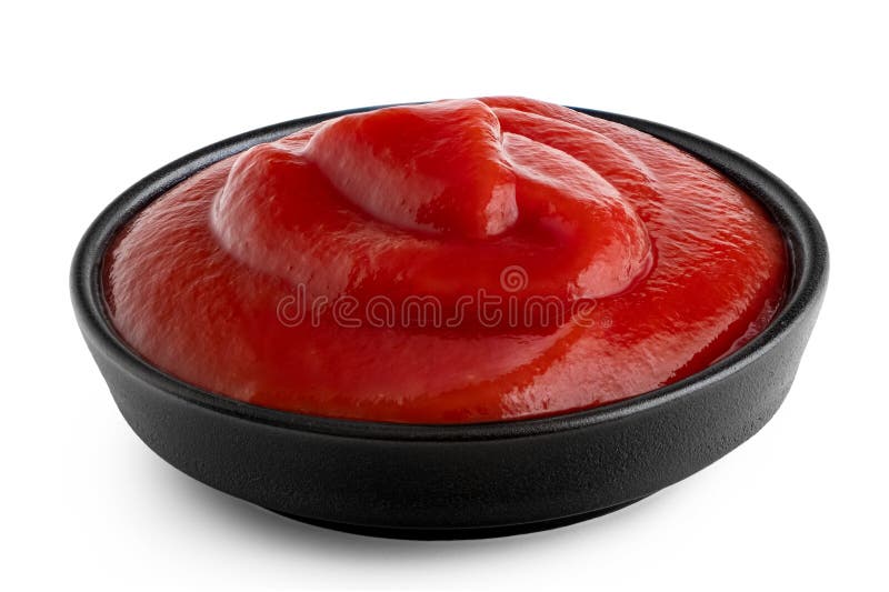 Tomato Ketchup in Small White Ceramic Dish Isolated on White. Top View