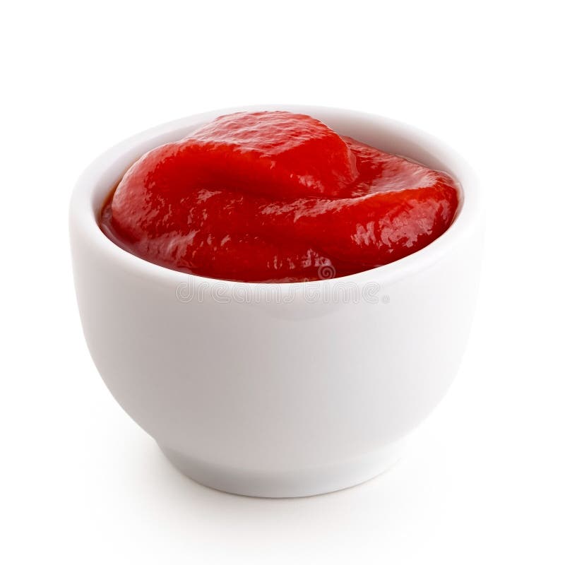 Tomato Ketchup in Small White Ceramic Dish Isolated on White Stock