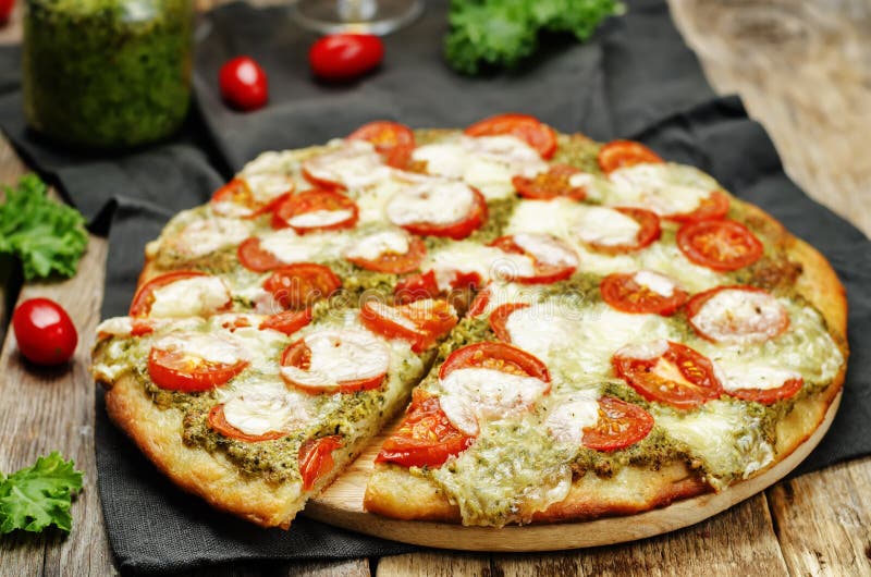 Tomato Mozzarella Kale Pesto Pizza Stock Image Image of health