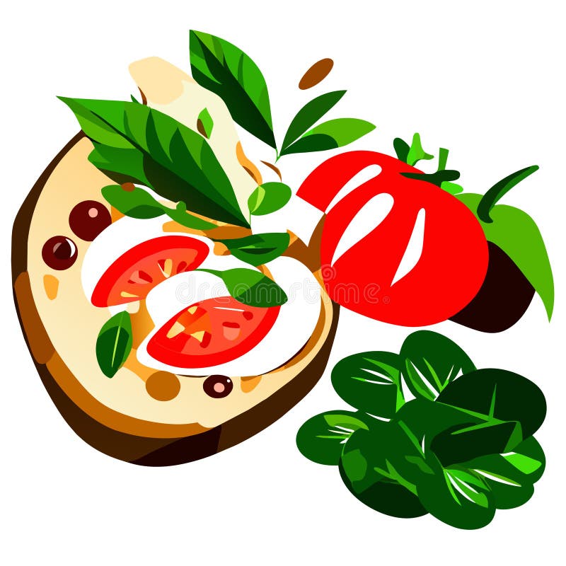 Tomato and Mozzarella on a Slice of Bread. Vector Illustration Stock