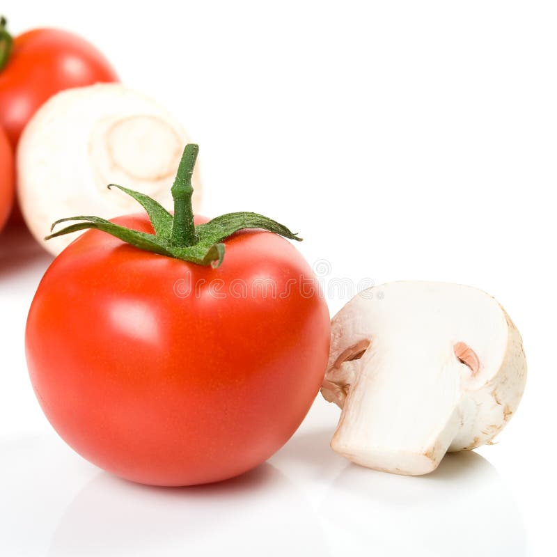 Tomato and mushroom on the white