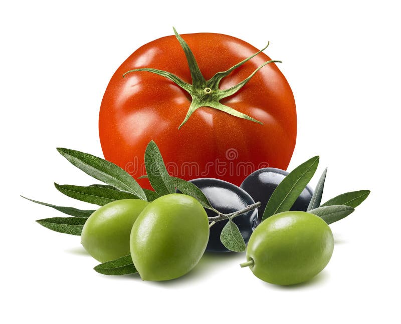 Tomato and olives isolated on white background