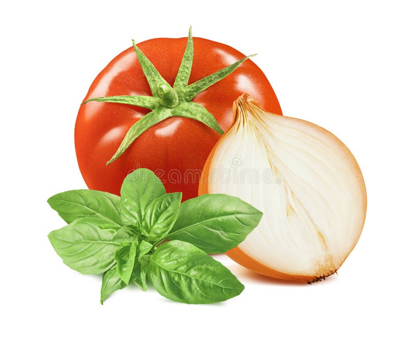 Tomato, Basil Leaves, Garlic Bulb and Cloves Stock Photo - Image of ...