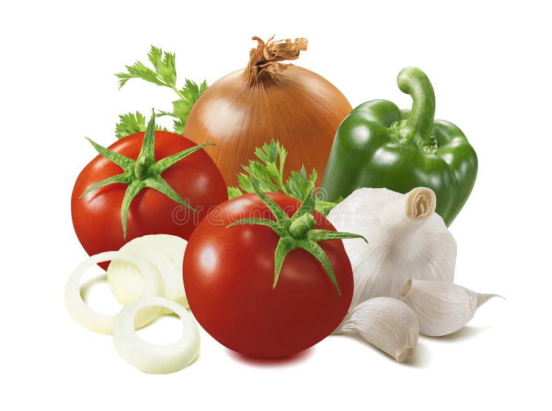 Tomato, onion, green bell pepper and garlic isolated on white background royalty free stock photography