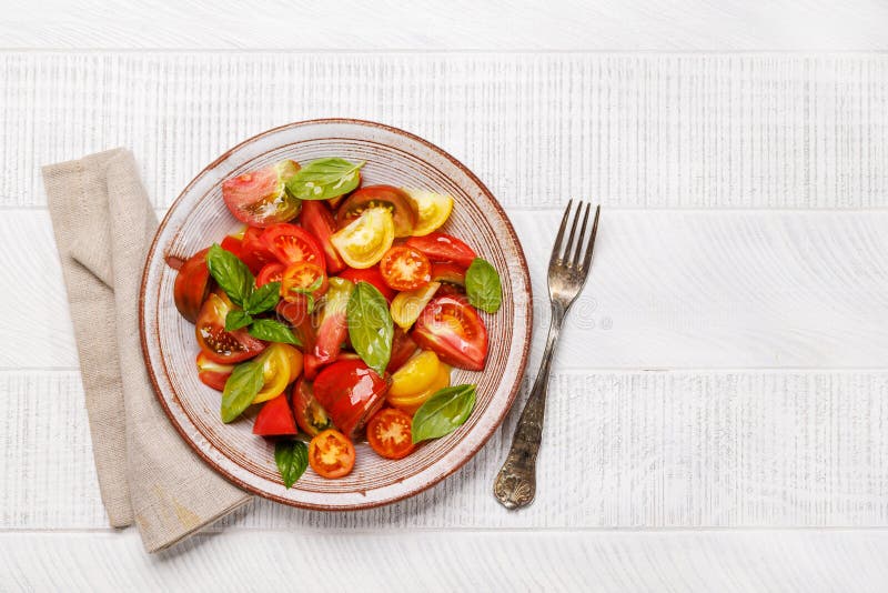Tomato Salad with Fresh Basil and Olive Oil Stock Photo - Image of