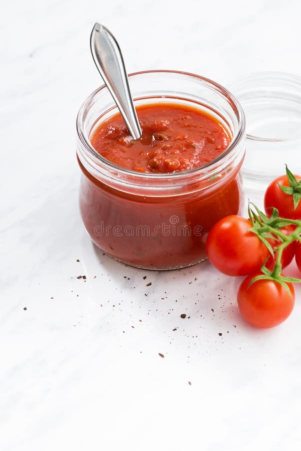 Tomato Sauce in a Glass Jar, Vertical Stock Photo Image of ingredient